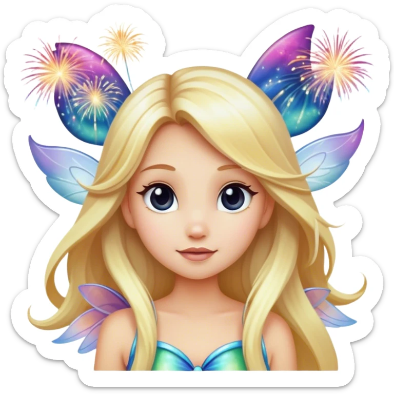 Long blonde hair fairy wearing iridescent wings in front of Mickey fireworks  sticker