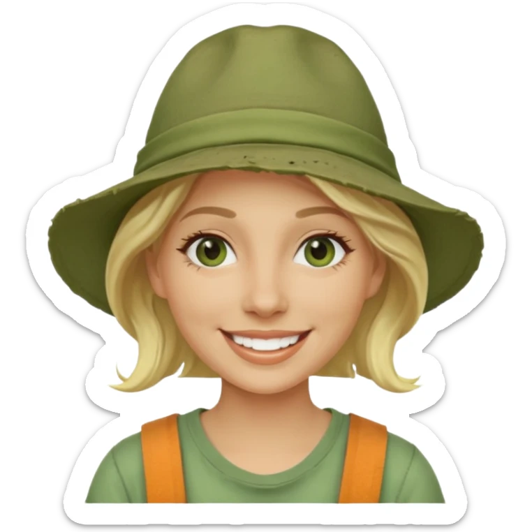 messy green clay mask and tourist hat blond woman  smiling and clay mask on face sticker
