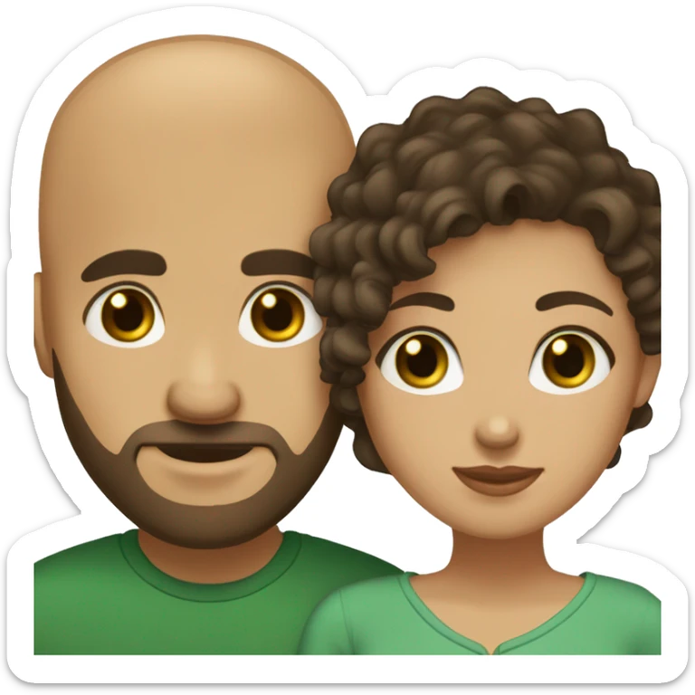 Married couple, man bald, brown beard, man green eyes, woman dark curly hair, light brown eyes sticker