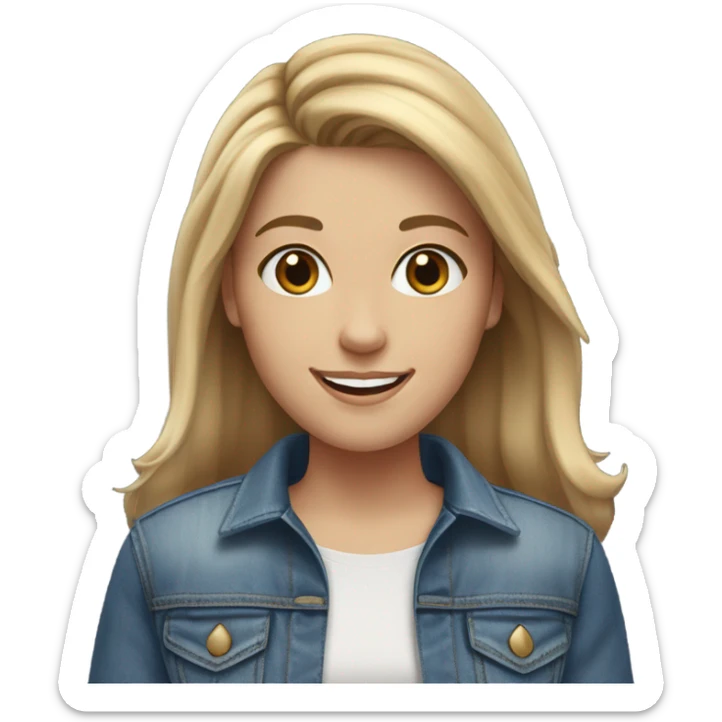 White girl with medium length brown hair with blonde highlights in denim smiles sticker