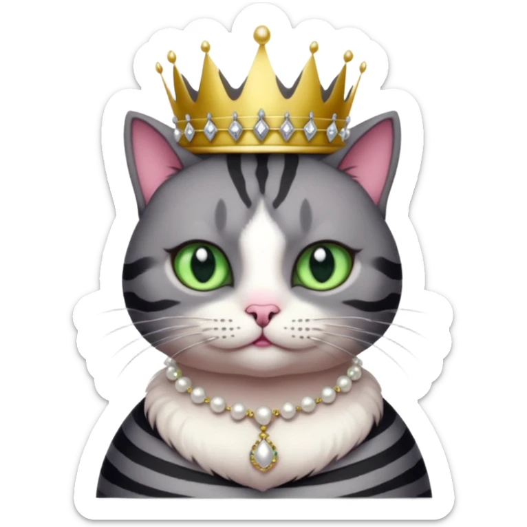 Gatito gris oscura con rayas negras ojos verdes vestida de reina con coronas y diamantes, más peluda y gordita  sticker