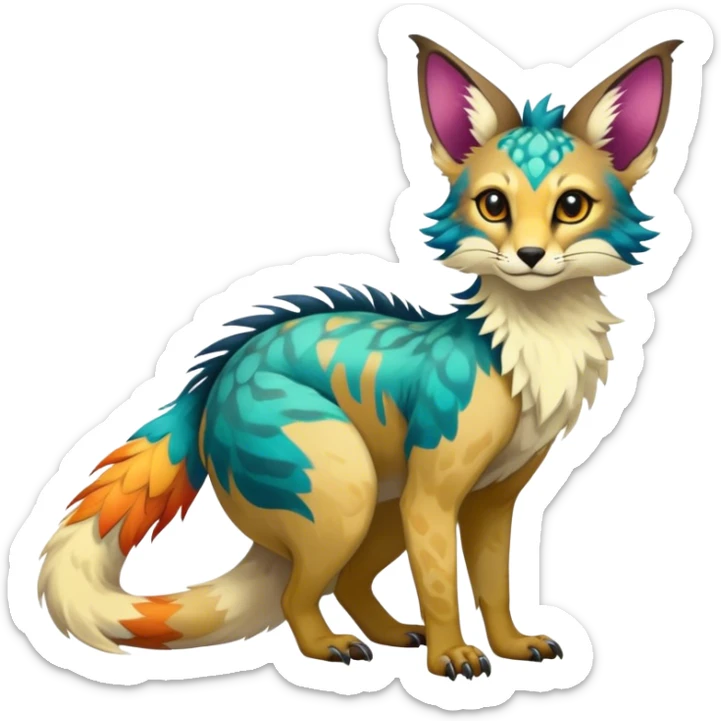 Feral Rare Fantasy vibrant colorful Vernid-Trico-species by LiLaiRa, random markings, tufted tail, tufted ears, full body sticker