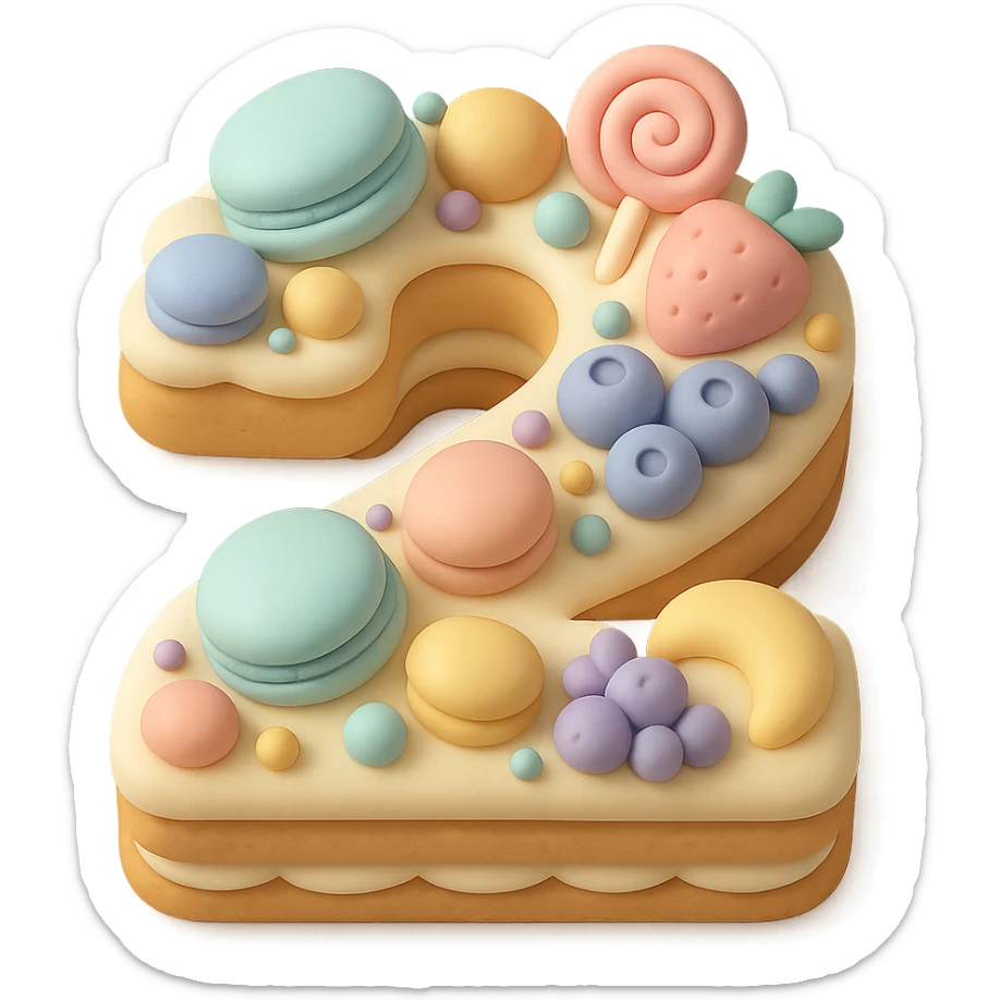 number-shaped cookie cream tart with Macarons, Fruit, and Candy toppings, simplified, clear, emoji-like, no faces sticker