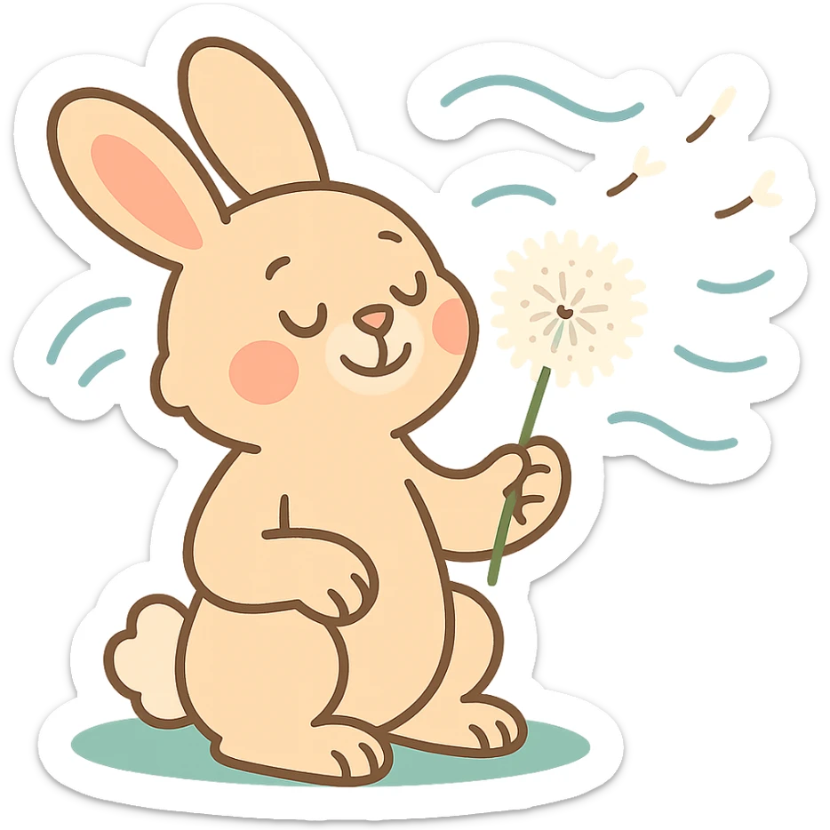 bunny holding a dandelion in the breeze, gentle spring vibe, soft pastel colors sticker
