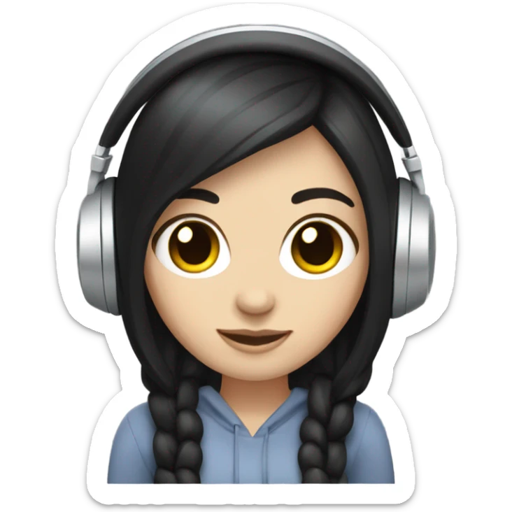 white girl with black hair wearing headphones with speakers sticker
