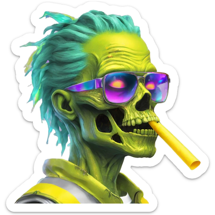 420 .Zombie_ Vaporwave black holographic oilslick zombie unicorn smoking yellow caution tape hemp leaves sticker