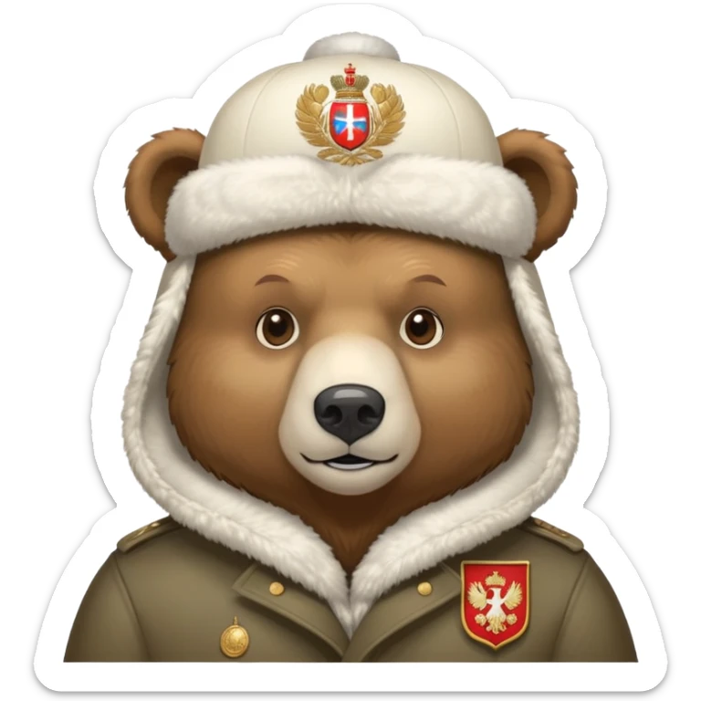 Just the head of a bear wearing white ushanka hat with detailed Russian coat of arms emblem centered on hat, iOS emoji style sticker