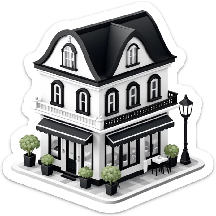 Isometric exterior little black and white fancy restaurant dollhouse style 3D realistic  sticker