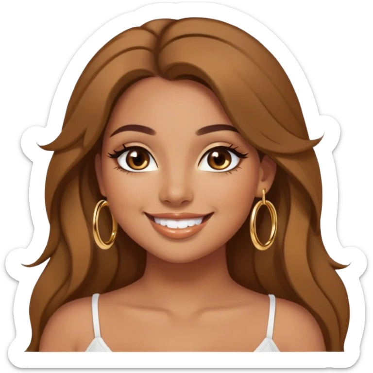 Latina girl medium tan skin with gold hoops and brown makeup beautiful light brown long hair down smiling black wing eye plus size  sticker
