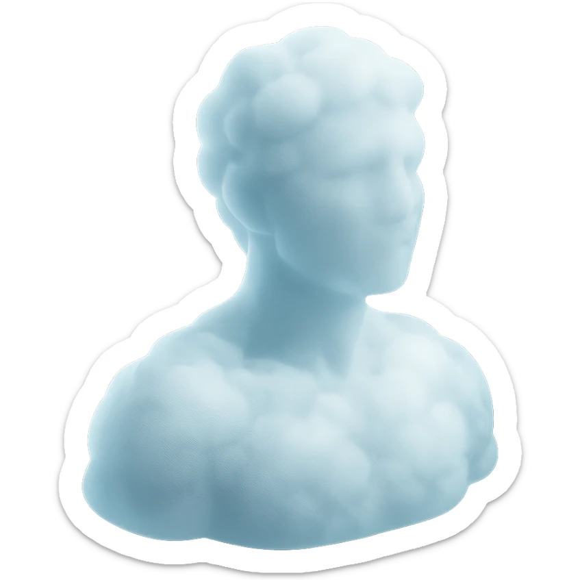 person looking straight, made entirely of white fluffy convex clouds, shoulder up, matte glass style, clouds with slight transparency sticker