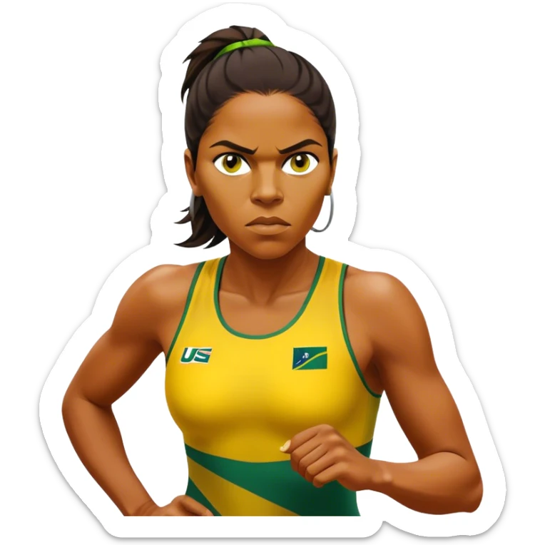 Cinematic Realistic portrait of Cathy Freeman, shown as an iconic Australian sprinter with a focused, determined expression and modern athletic yellow and green attire accented with subtle native motifs, rendered in dynamic, vibrant lighting sticker