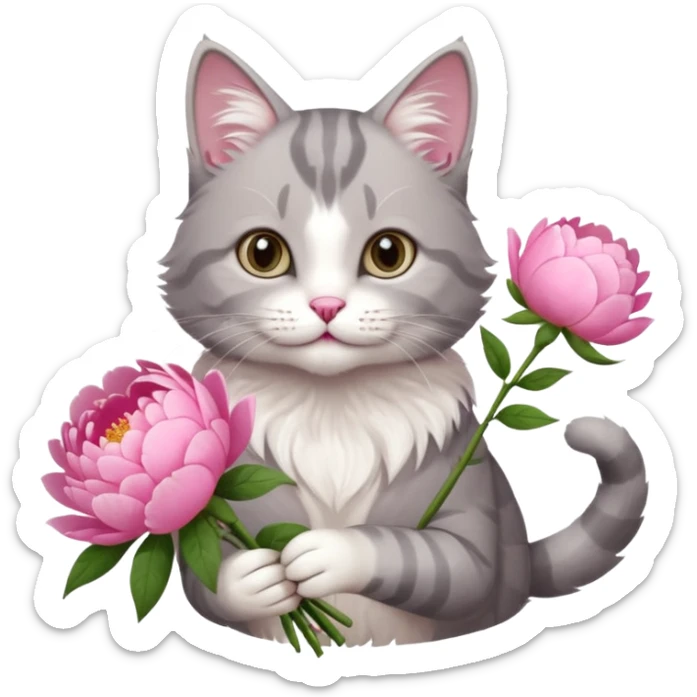 Cute cat Handing pink peonies like reaching a hand and handing them out a bouquet of them not a physical hand the cats hand  make the cat fluffy and grey and white fluffier make the cat wear a pink coquette sticker