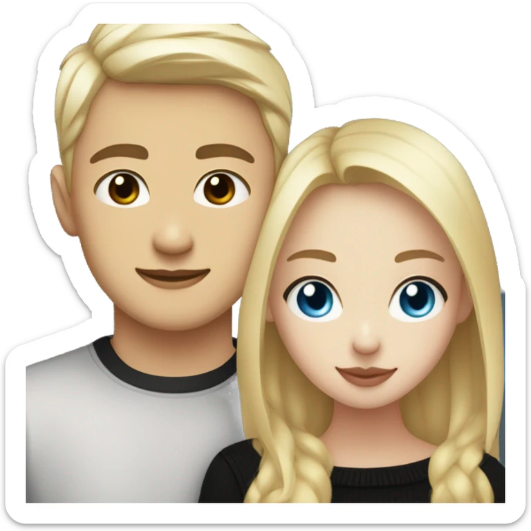 Blonde girl with blue eyes in black sweater and an east asian with light skin man with black hair and black eyes hugging sticker