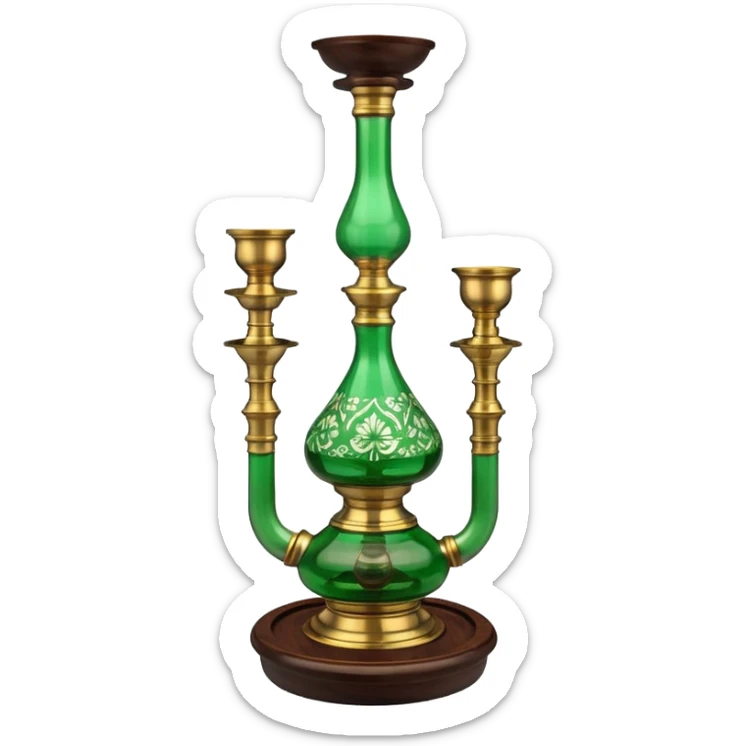 Brass hookah with green design on a glass water base on the top; with two pipes from the side all pouting on top sticker