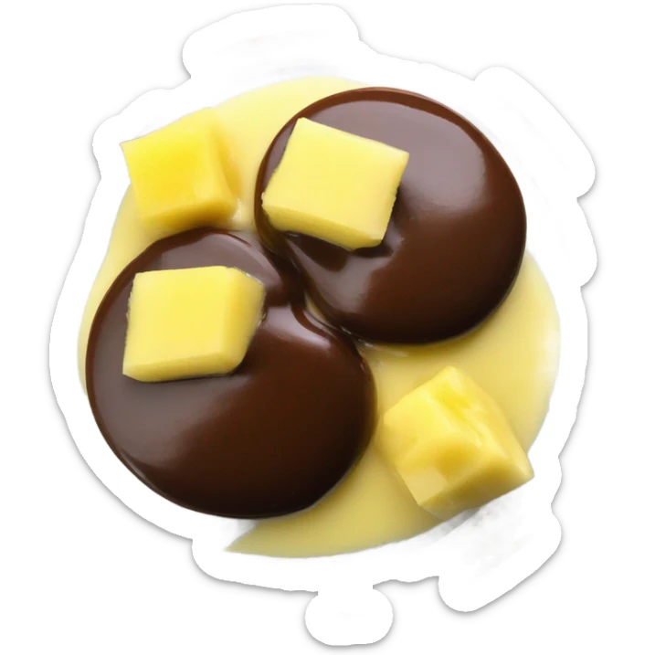 Chocolate and vanilla quenelle on glass plate with 3 drops of pineapple sauce sticker