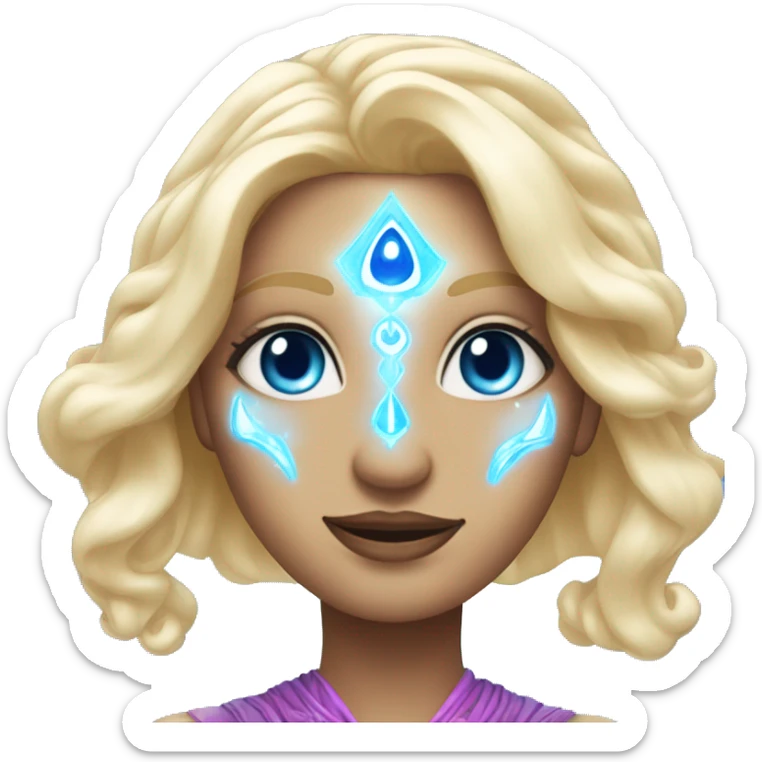 magical diva with thin pink andromedan face long blonde hair and blue eyes glowing third eye sticker