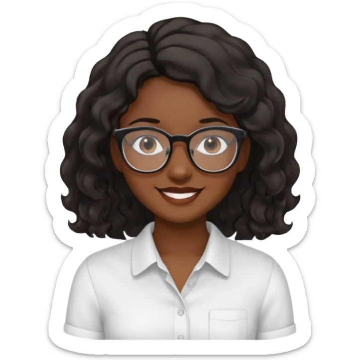 Emoji of a wavy hear dark young woman with glasses and a white shirt smile sticker