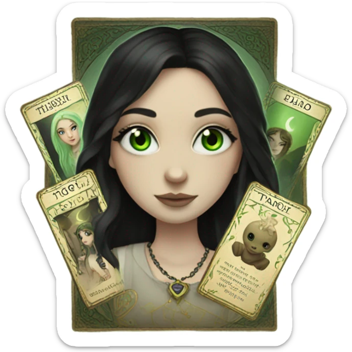 Girl with green eyes, pale skin, black hair and nose ring piercing with taro cards sticker