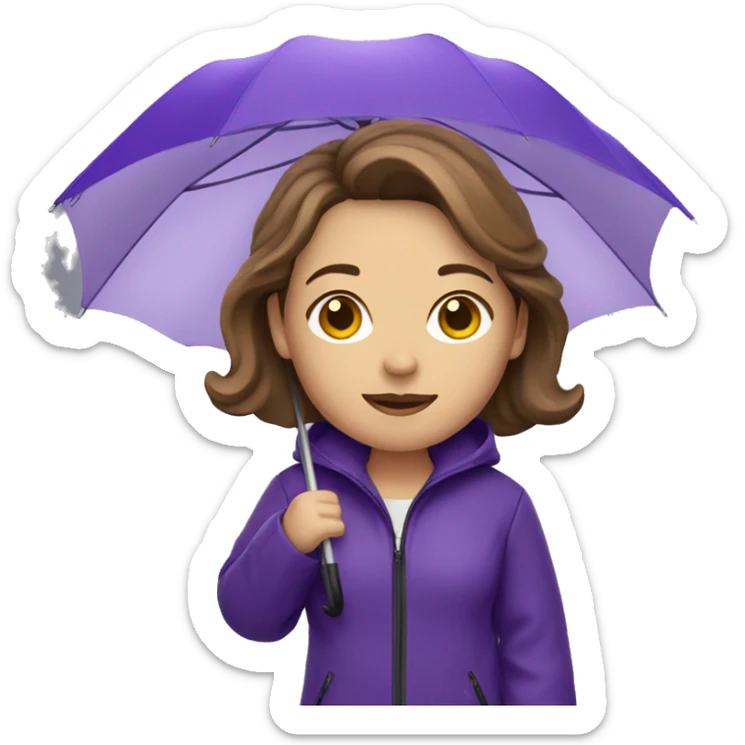 White woman with brown hair wearing a purple rain jacket with a purple umbrella sticker