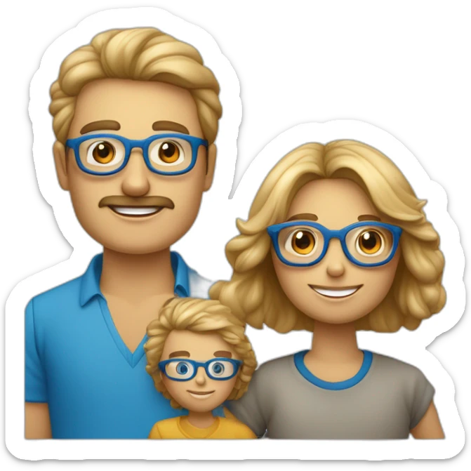 Familia de padre calvo con gafas, madre rubia de pelo largo, niño rubio de 8 años con gafas azules  y niño de pelo castaño de 12 años con gafas azules sticker