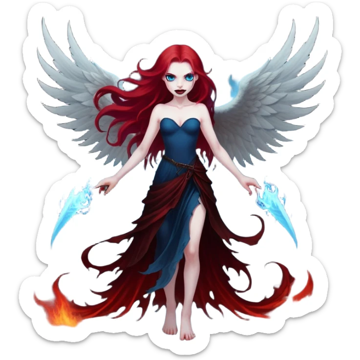 full body portrait of an extremely diabolical girl with pale white skin, massive towering wings, very long flowing blood red hair, glowing blue eyes, evil grin, no accessories, standing in thick swirling dark red and black smoke that rises up from the ground, heavy smoke effect at her feet sticker