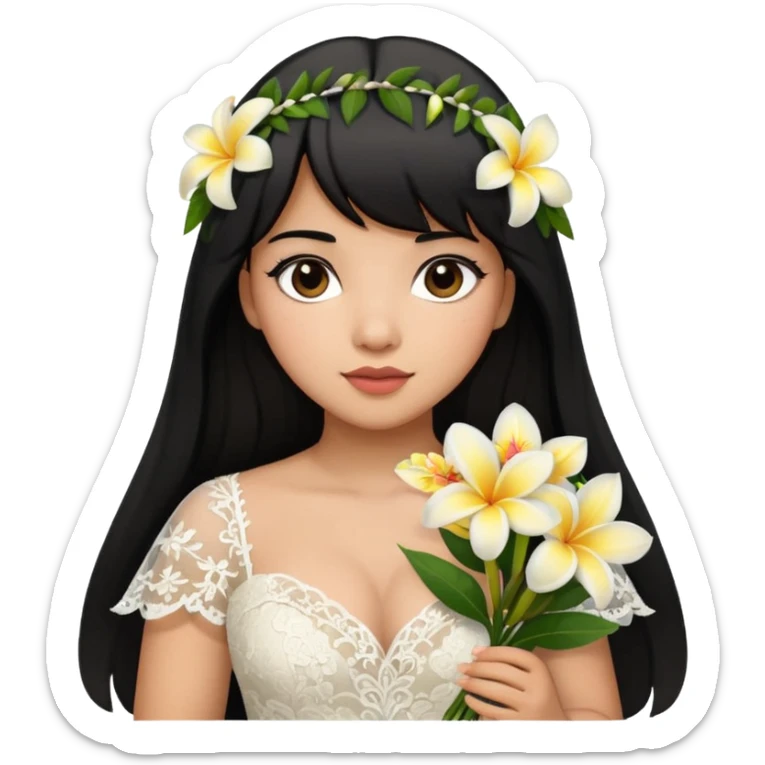 Latina girl with bangs black long hair plus size lace wedding dress with plumeria bouquet sticker