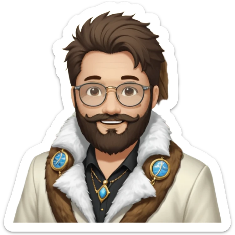 émoji blanc homme barbu, cheveux bruns collés au crane avec raie au milieu, grosses lunettes de soleil rectangulaires à grosse branches, gros bijoux en or (chaine, montre,) manteau de fourrure très fluffy sur les épaules sourire en coin, boucles d'oreilles sticker