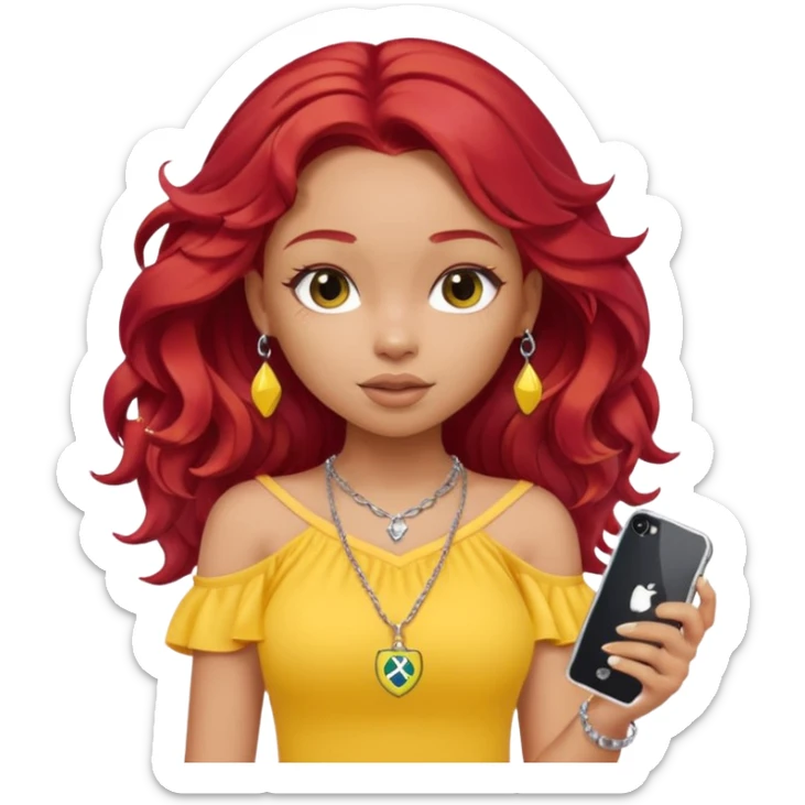 a pretty bratz girl with wavy red hair, wearing a yellow brazil jersey falling off her shoulder. silver dainty layered necklaces, carrying an iphone sticker