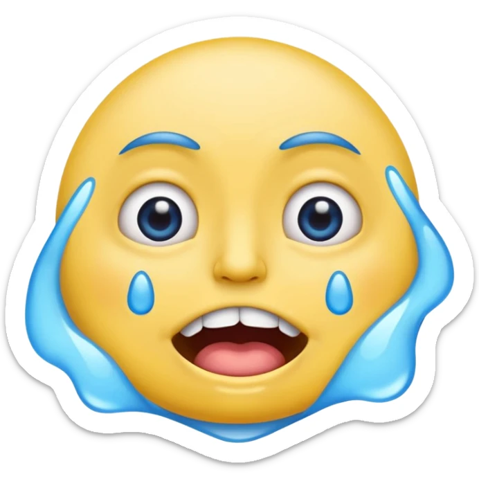 crying emoji with eyes open wide, visible eye bags, yellow emoji, visible teeth, stretched out mouth, blue tears, exaggerated  sticker