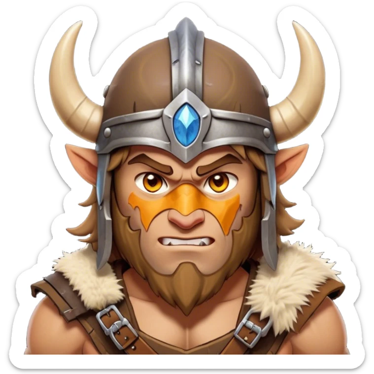 Cinematic Fierce Barbarian Portrait Emoji, Poised and bold with a rugged yet cartoonish build in tattered furs and a horned helmet, expressive bright eyes and a confident smirk, Simplified yet dynamic features, highly detailed, glowing with a vivid, adventurous aura, high shine, heroic and spirited, stylized with an air of medieval warrior charm, focused and energetic, soft glowing outline, capturing the essence of a fearless barbarian adventurer ready to lead his clan with spirited valor! sticker