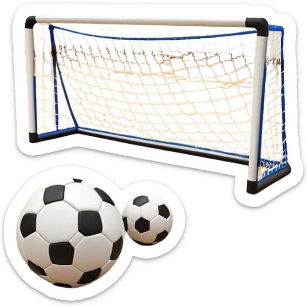 A close-up of footballs and a goal on a covered indoor futsal court with a wooden floor. The scene highlights the details of the balls and goalposts, with the smooth, polished court surface creating a clean and focused atmosphere for the game. sticker