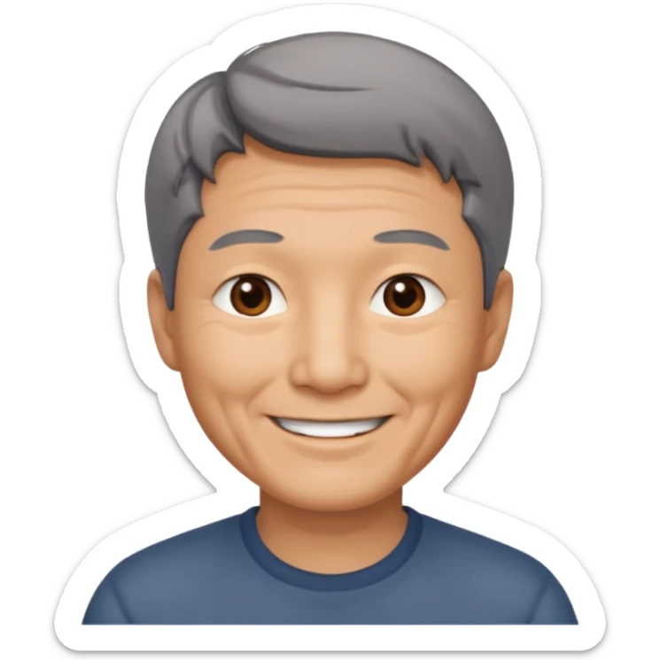 homme asiatique cheveux court gris foncé yeux marrons visage ridé sourir sticker