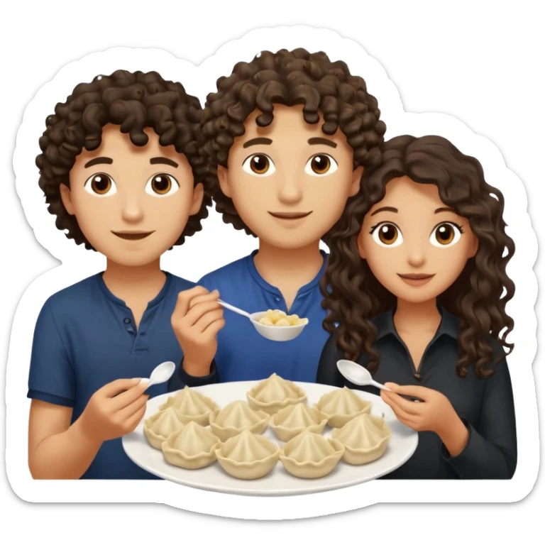 Can you create an emoji of three 23 year olds eating dumplings. One boy with wavy curly hair one Jewish girl with long dark brown curly hair and one half Indian / half white girl with mid length dark brown hair. All brown eyes sticker