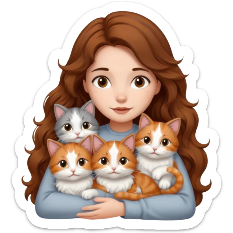 girl with long wavy brown hair cuddling with 6 cute cats sticker