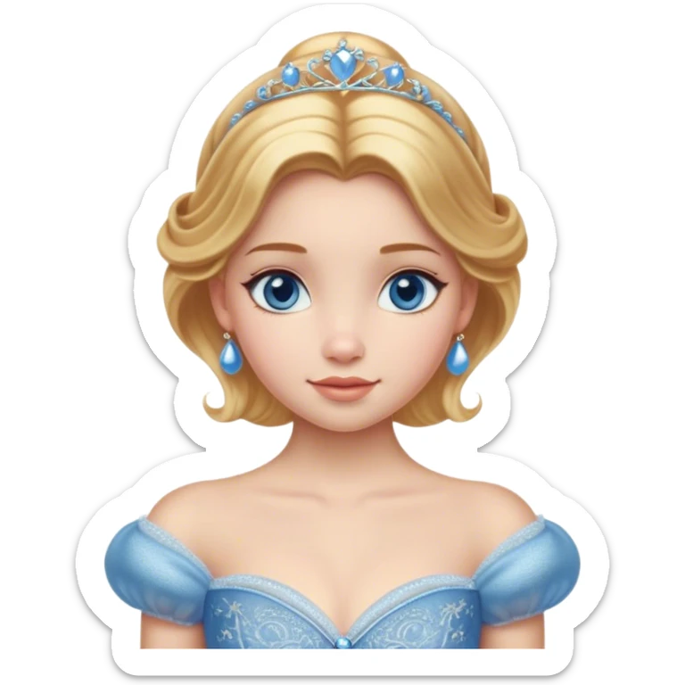 Cinematic Realistic Cinderella Portrait, depicted with lifelike skin texture, subtle rosy undertones, and soft natural lighting that enhances the gentle contours of her face. Her intricately detailed golden blonde hair is elegantly styled in an updo, with delicate wisps framing her face for added realism. Her deep, expressive blue eyes radiate warmth and sincerity, reflecting a quiet resilience and grace. She is dressed in her iconic ball gown, the fabric shimmering with intricate embroidery and fine translucent layers that catch the light beautifully. The soft sheen of satin gloves and the delicate sparkle of a glass-like slipper peeking from beneath her dress add a touch of magical realism. The portrait features an enchanting glow with a natural, luminous finish, seamlessly blending realism and fairytale charm to evoke a sense of depth, elegance, and timeless beauty. sticker