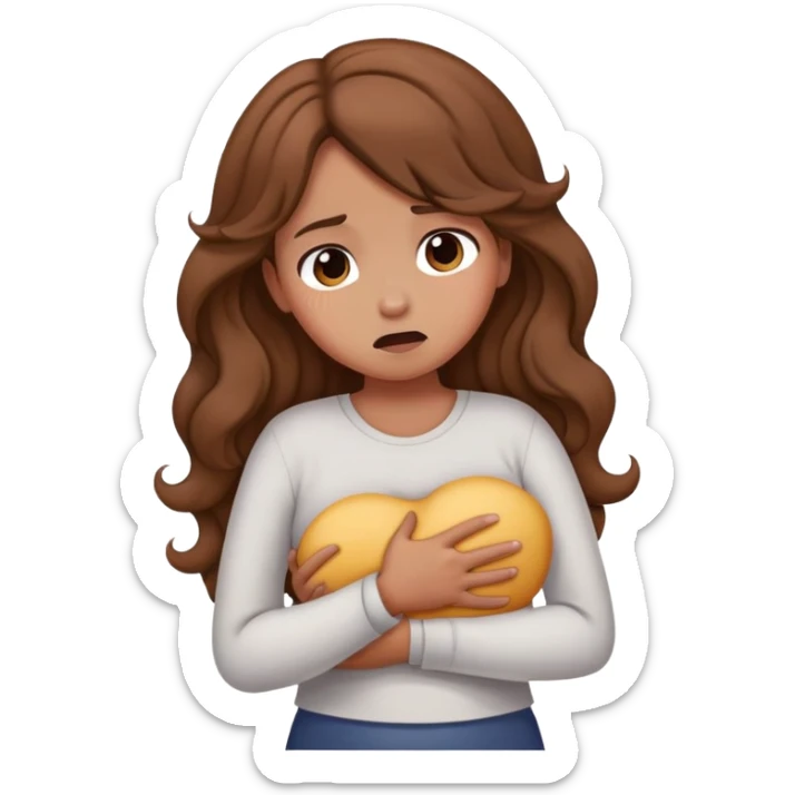Girl with curled brown long length hair with stomach ache sticker