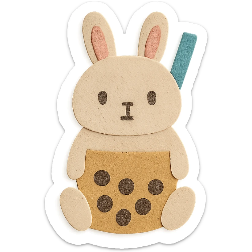 full-body milk tea bunny sitting still with blank stare, nose and mouth opaque sticker