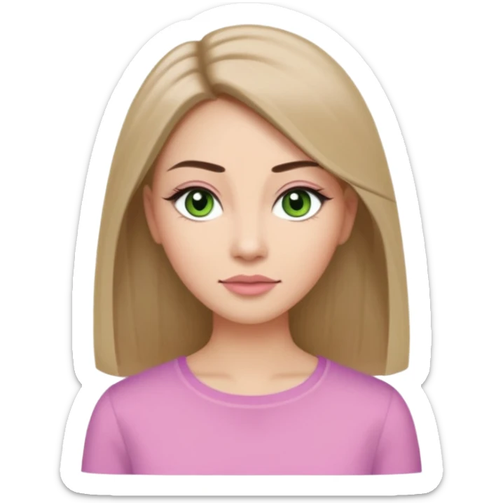 ,Adult woman avatar, light skin tone, oval face, long straight ash-brown hair, green almond-shaped eyes with dramatic eyelashes and minimal eyeliner, neutral mouth, medium straight eyebrows, small nose, natural pink lips, smooth skin with light natural blush sticker