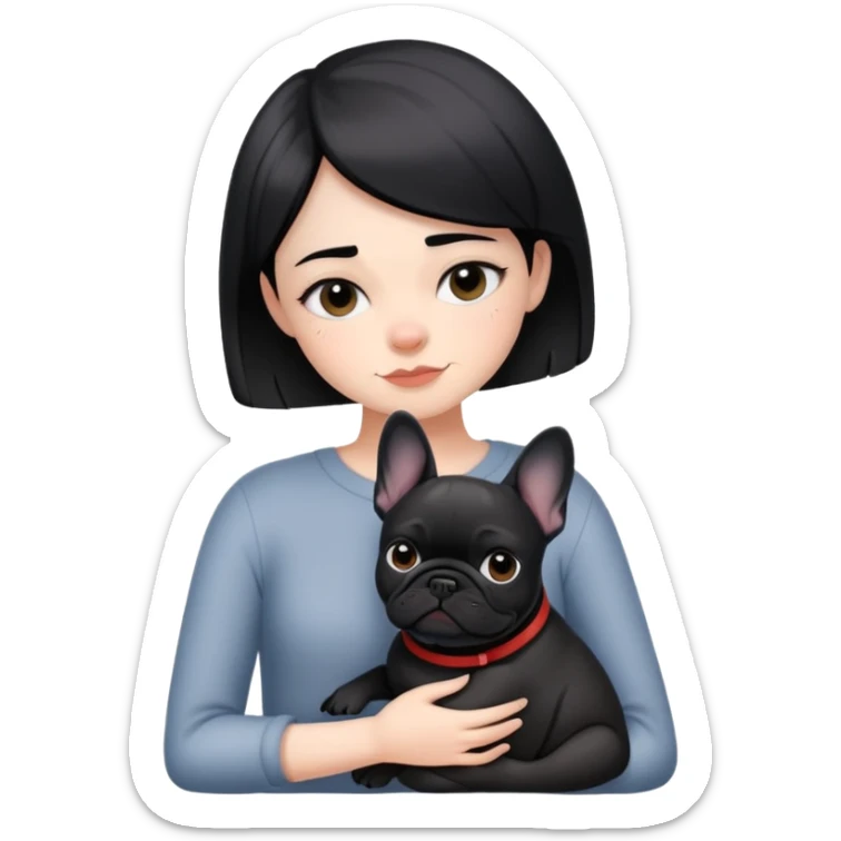 girl with short black  straight hair and hugging a black French bulldog sticker