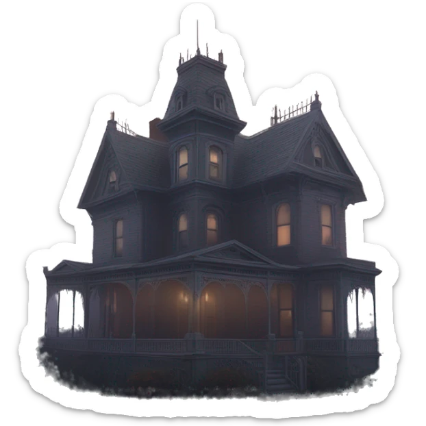 Wide view, A very roomy ramshackle Victorian Addams mansion looms through light fog at dusk  sticker