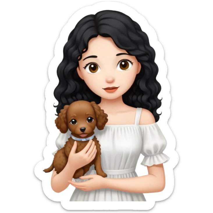 A beautiful girl with long black hair in a white dress holds a small brown curly-haired dog sticker