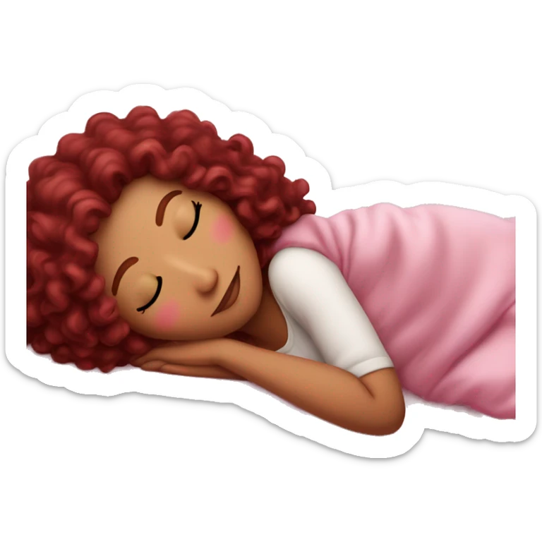 gorgeous white woman with long burgundy curly hair sleeping on pink princess bed sticker