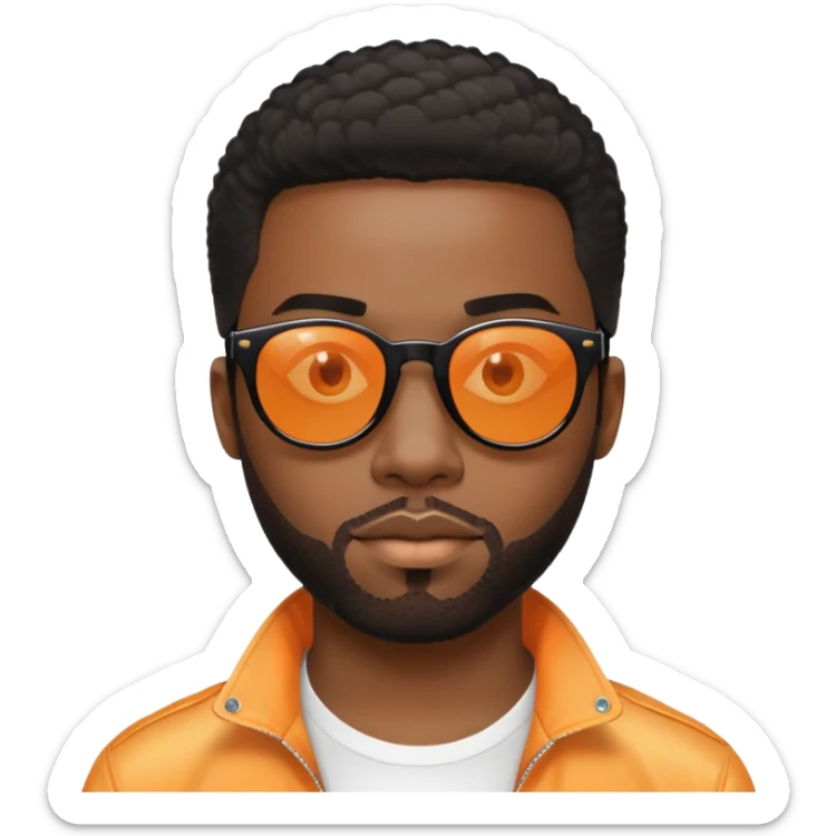 đàn ông 30 tuổi, da đen, tóc ngắn phong cách disco, đeo mắt kính râm màu cam nhẹ trong suốt nhìn thấy mắt, gọng kính màu đen, mặt ngầu sticker