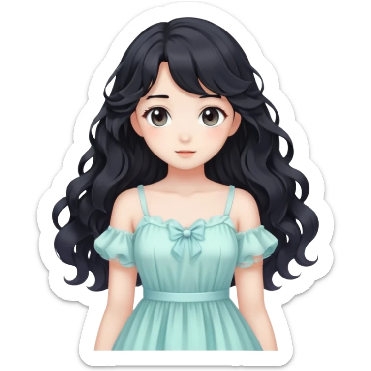 Pretty anime girl with flowing black wavy hair and a soft delicate pastel dress, kawaii style sticker