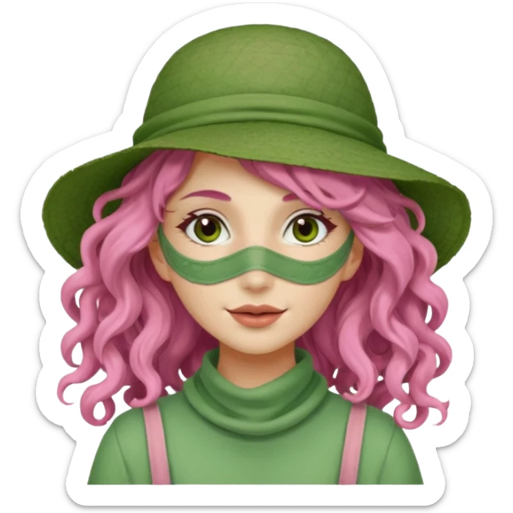 pink haired very long curly haired woman with full full face green clay mask and a hat sticker