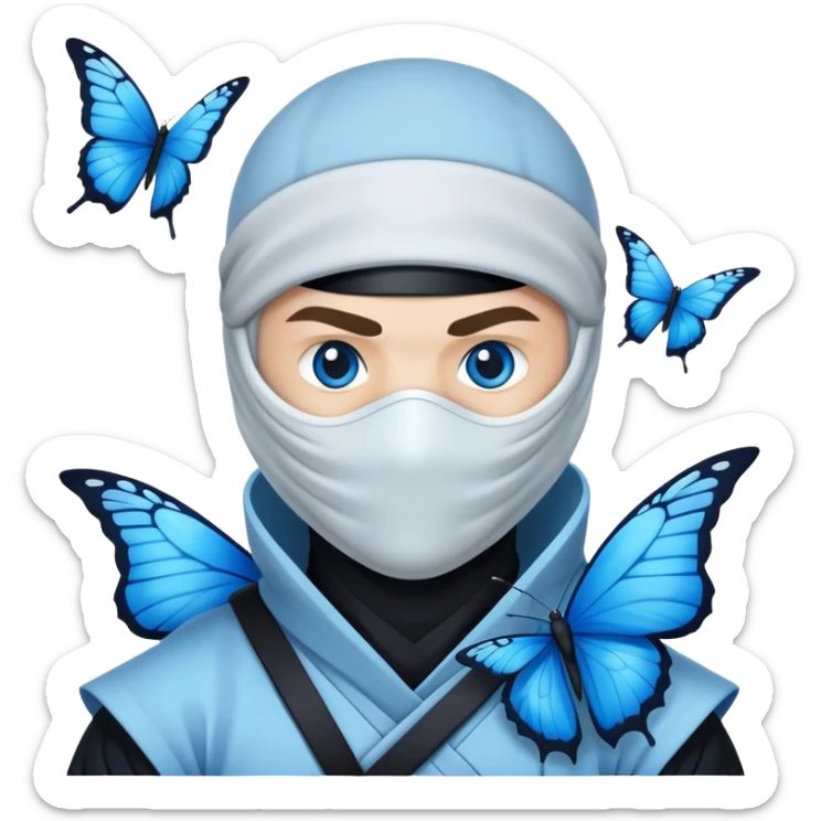Crea una imagen con estos dos emoji 🥷🏻🦋
él ninja de piel blanca con la mariposa azu posada en el hombro como si estuviera volando. sticker