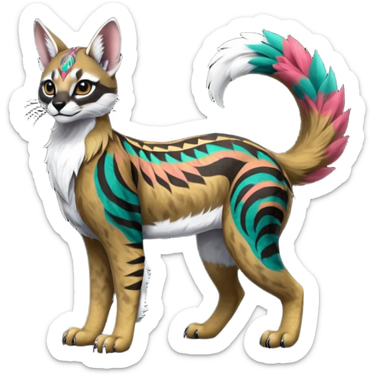 Colorful dark tropical tribal glorious divine exotic cute cool beautiful beautiful fantasy-caracal-civet-genet-sergal-vernid-Gryphon-Cacomistle-Trico-oncilla-animal-Fakémon-hybrid-fursona (full body) sticker