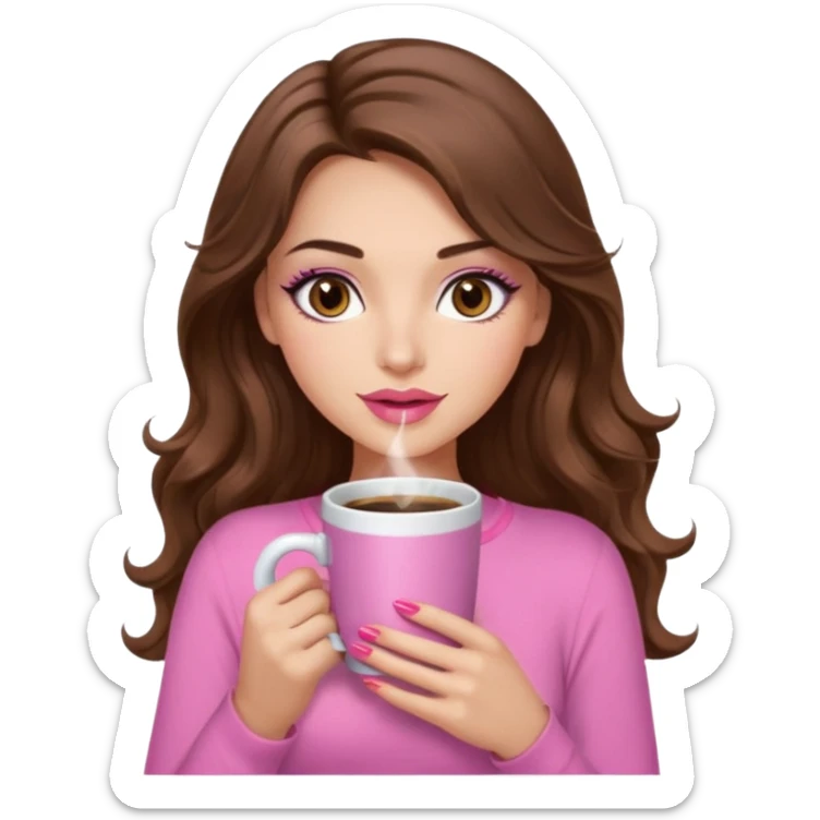 girl with long wavy brown hair, brown eyes, long lashes makeup, sexy pink lips, light to medium complexion, pink sexy top, with a hot coffee mug sticker