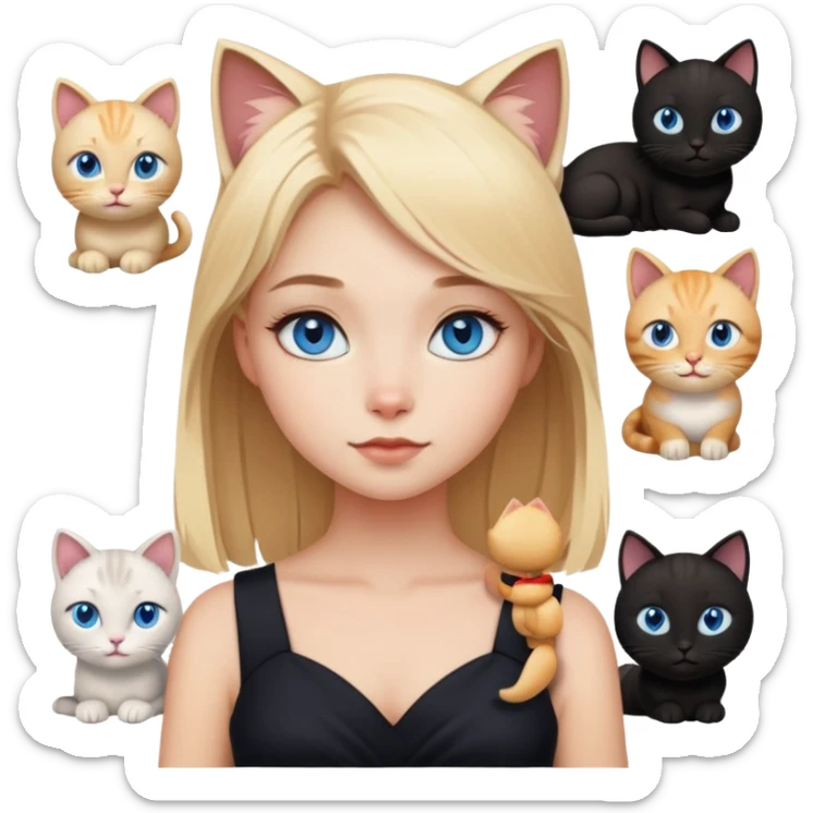blonde girl with blue eyes astrology in black dress with different cats sticker