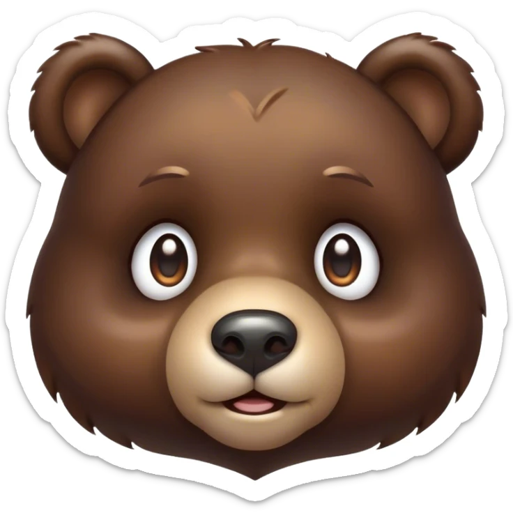 Cinematic Cute Bear Portrait Emoji, Head tilted playfully and inquisitively, featuring a glossy dark brown fur with a natural sheen and round, sparkling eyes filled with gentle curiosity, Simplified yet irresistibly adorable features, highly detailed, glowing with a warm, friendly glow, high shine, affectionate and mighty, stylized with a touch of woodland whimsy, bright and endearing, soft glowing outline, capturing the essence of a mischievous yet loving bear, so playful it feels like it could amble out of the screen and into your arms! sticker